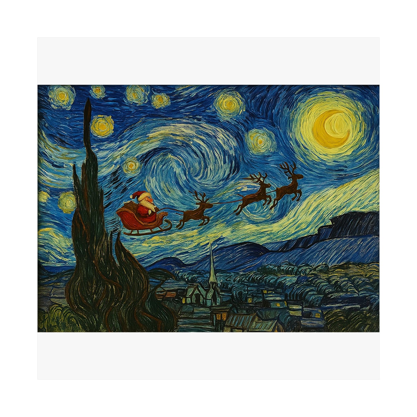Santa Sleigh over Starry Night Poster | Matte Vertical Poster, Christmas Wall Art