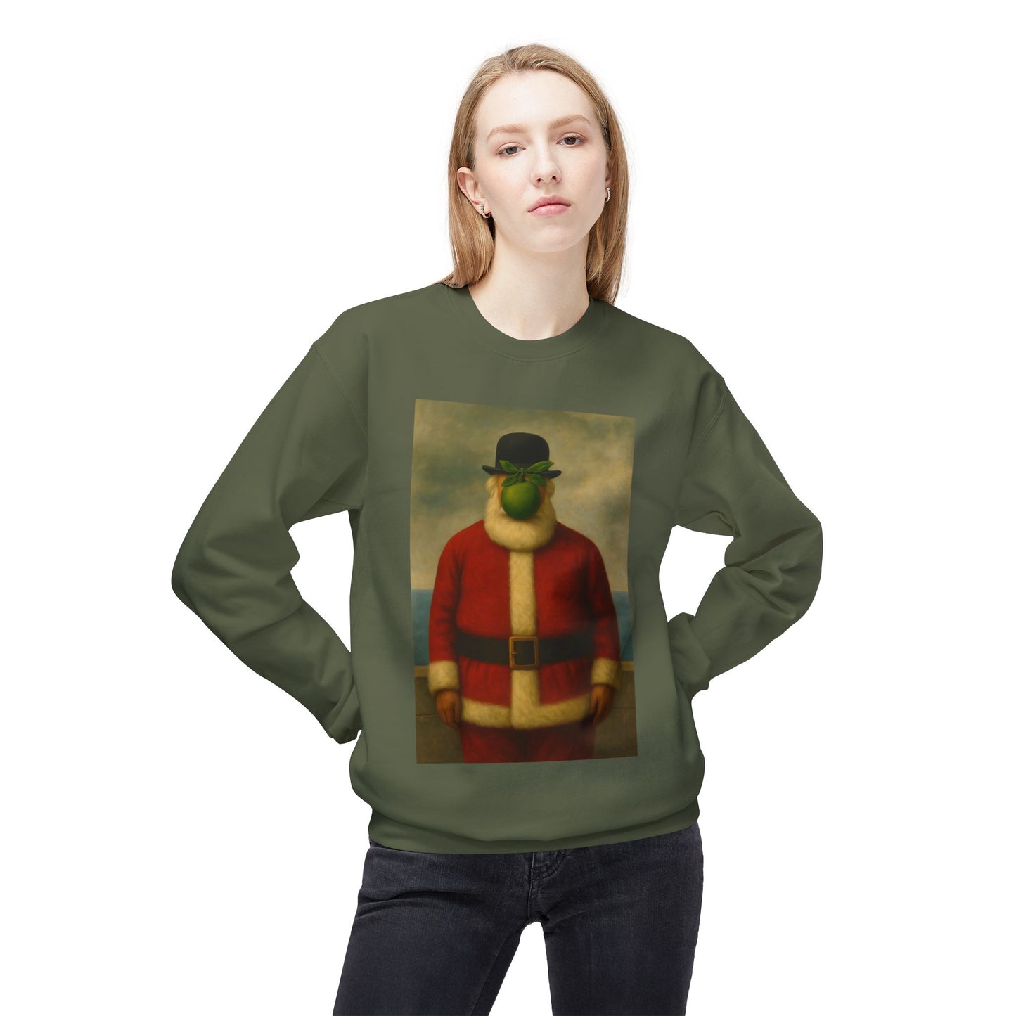 Surreal Pear Man Santa Sweatshirt | Holiday Art Hoodie-Style Crew