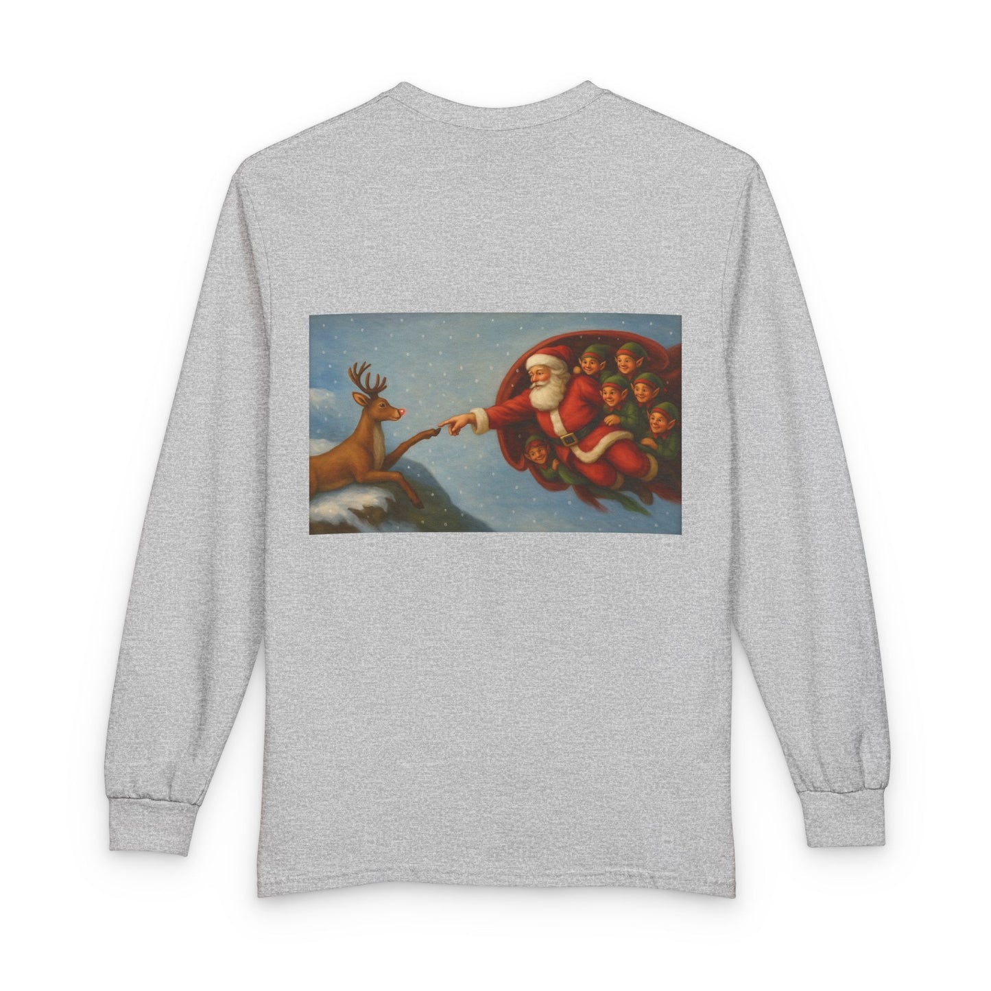Santa Reaching for Reindeer Long Sleeve Shirt | Christmas Holiday Illustration