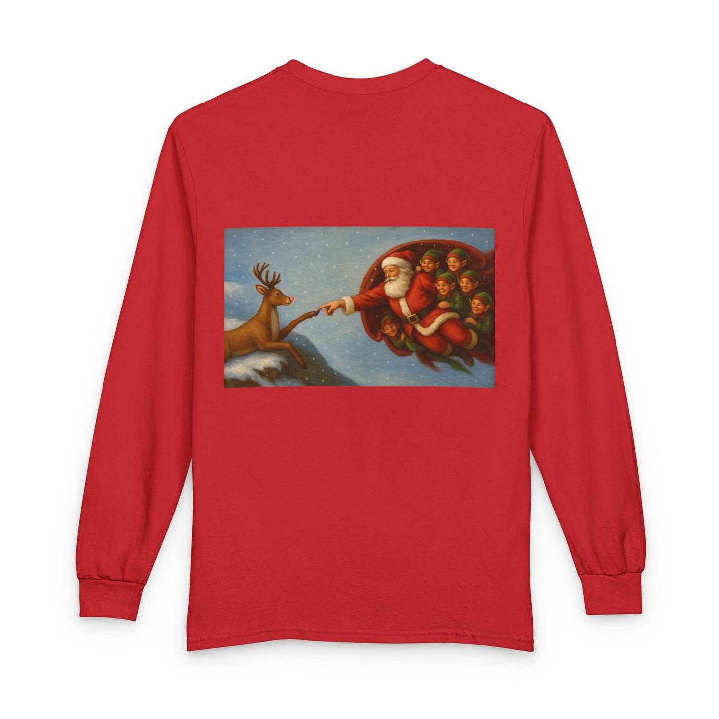 Santa Reaching for Reindeer Long Sleeve Shirt | Christmas Holiday Illustration