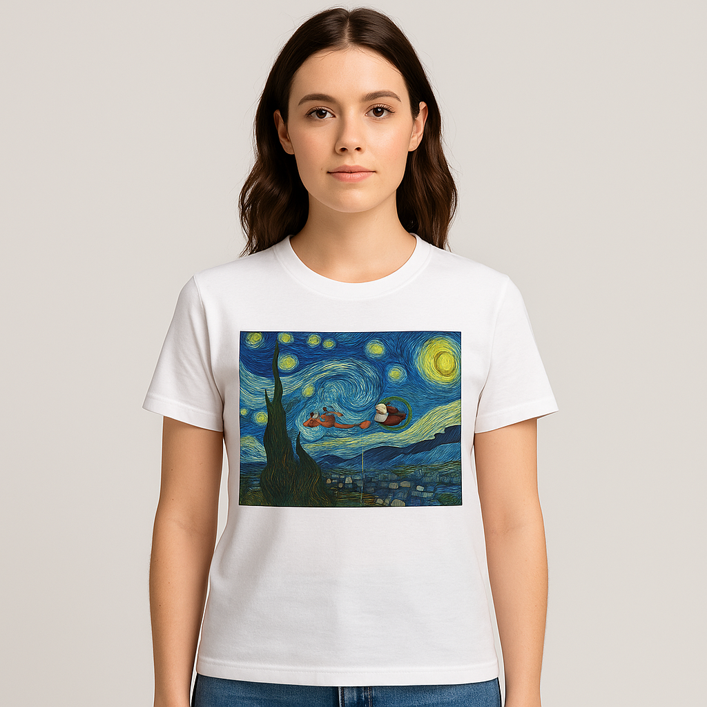 Starry Night Parody with Red Car T-Shirt | Van Gogh Style Night Sky Print