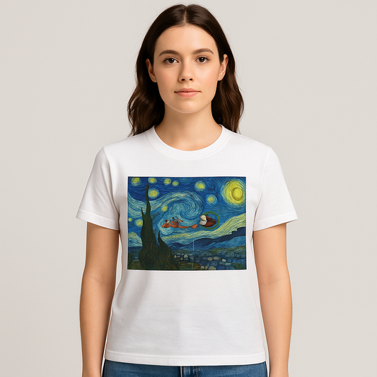 Starry Night Parody with Red Car T-Shirt | Van Gogh Style Night Sky Print